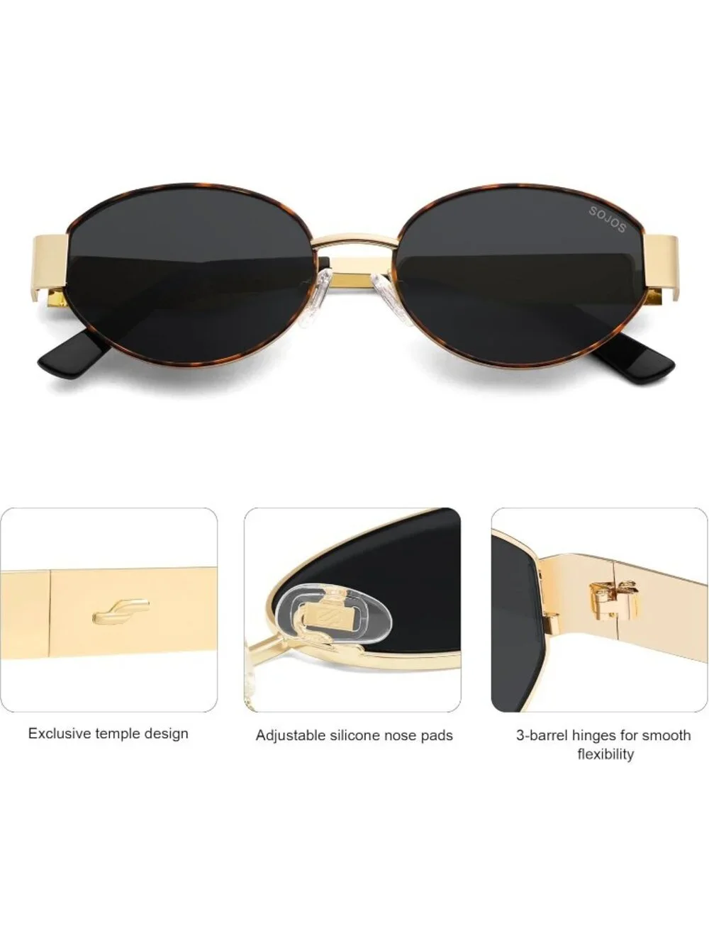 Women's Tortoise gold Grey Retro Oval Trendy Shades UV400 Protection Sunglasses